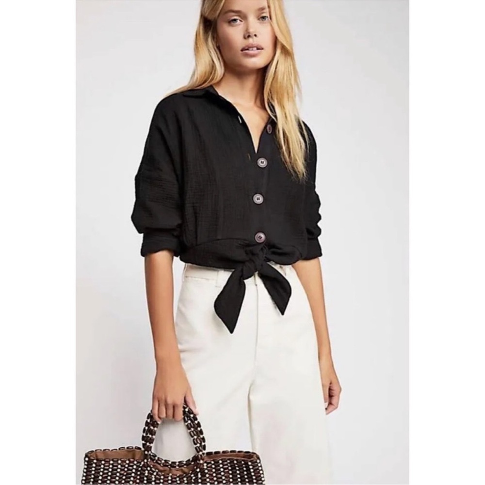 Free People Sunstreaks Tie Front Shirt Black Size Small NWT